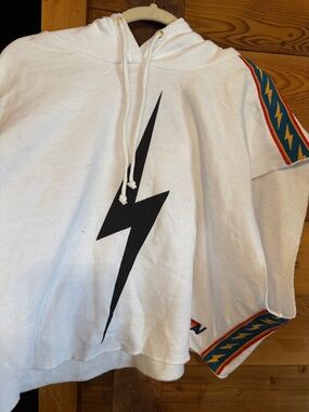 Aviator Nation White Hoodie with Black Lightning Bolt and Multicolor Trim